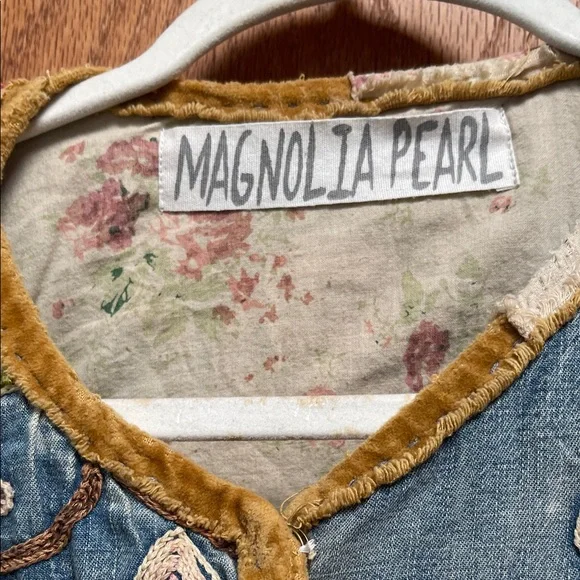 Magnolia Pearl Floral Embroidered Jean Jacket - Blue and Cream - Picture 2 of 6